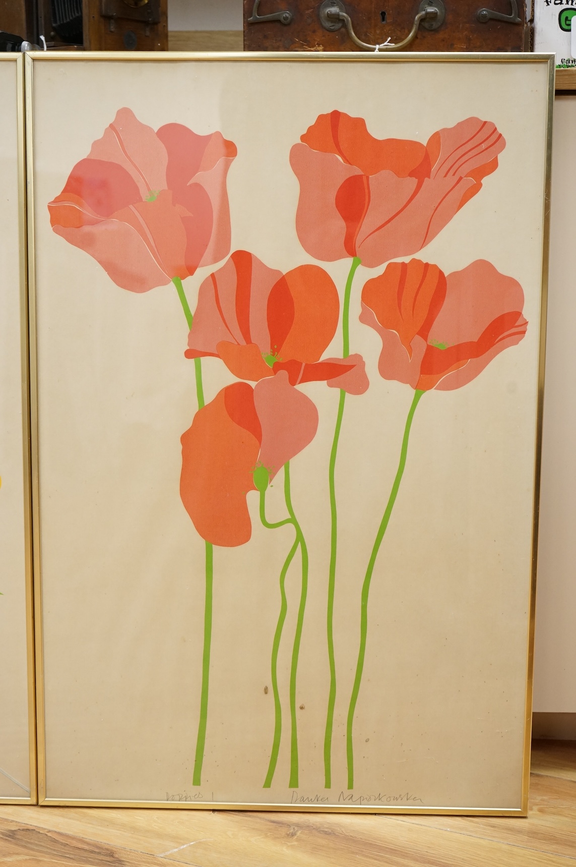 Danka Napiorkowska (b.1946), ‘Poppies 1’ and ‘Buttercups 2’, each signed in pencil, pair of silk screen prints, glass cracked to one, 75 x 49cm